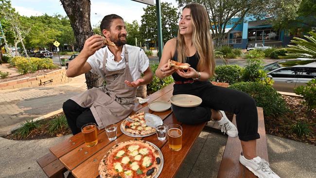 Pizza chef Gianluca Donzelli with waitress Mikayla Shipley at Somedays restaurant in Noosa Junction on Friday. Picture: Lyndon Mechielsen