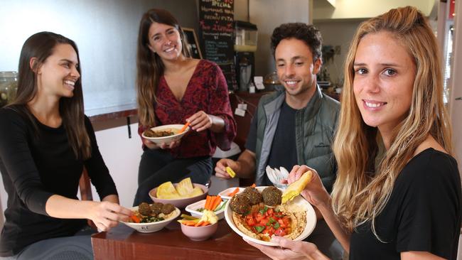 Daniella Pizzo, Augustina Aldabalde, Rafael Parisotto and Camilla Jensen at Simply Hummus Bar in Sydney. Picture: Britta Campion