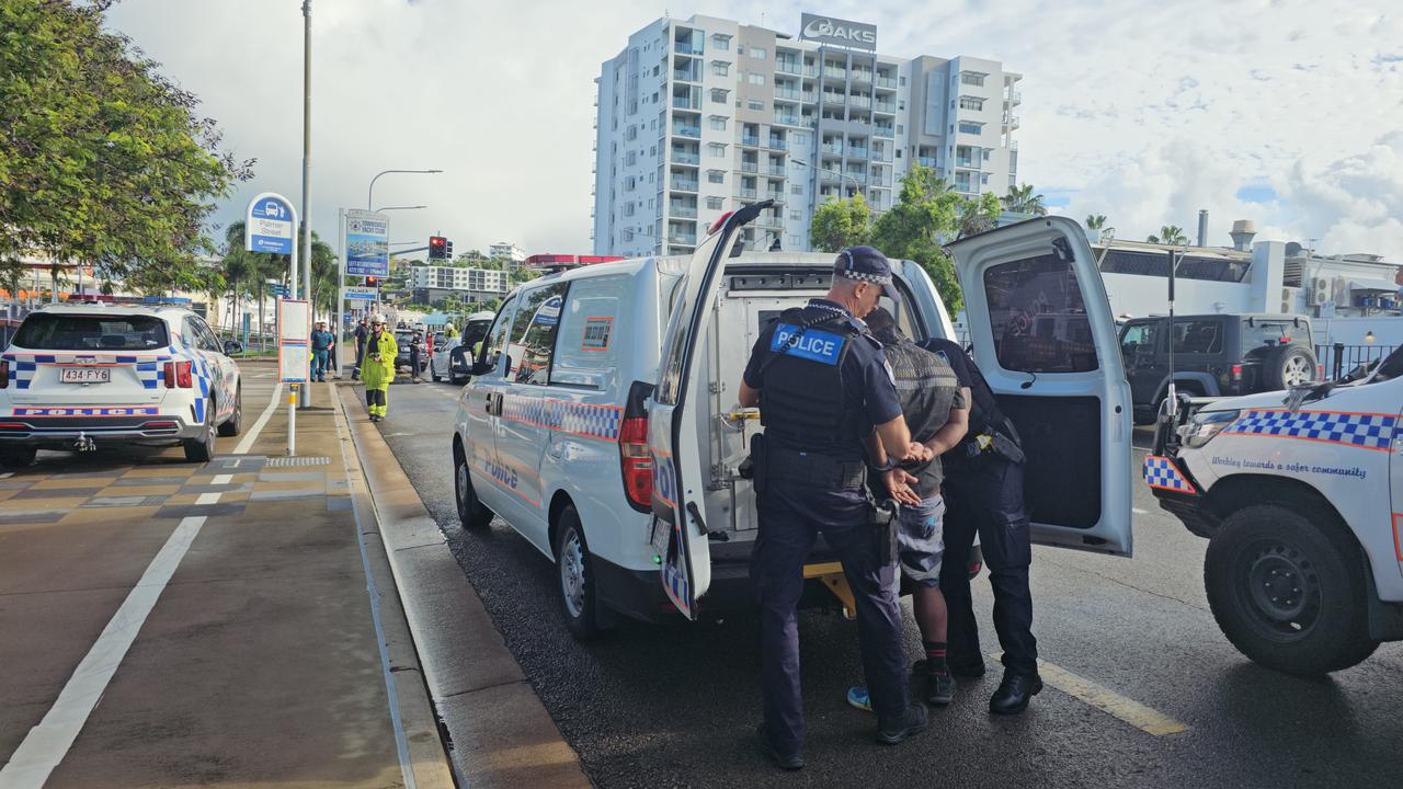 A man was taken into custody at the scene of a multi-vehicle crash in South Townsville on March 4. Picture: Natasha Emeck