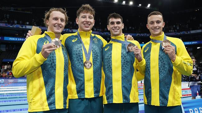 Elijah Winnington, Max Giuliani, Tommy Neill and Flynn Southam with their bronze medals at the Paris Olympic Games. Picture: Michael Klein