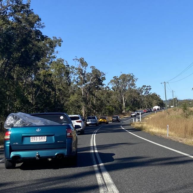 Traffic is banked up after a serious two-vehicle crash at the intersection of Tannum Sands Rd and the Bruce Highway, at Benaraby, closed the highway in both directions. Picture: Larah Fedalto.