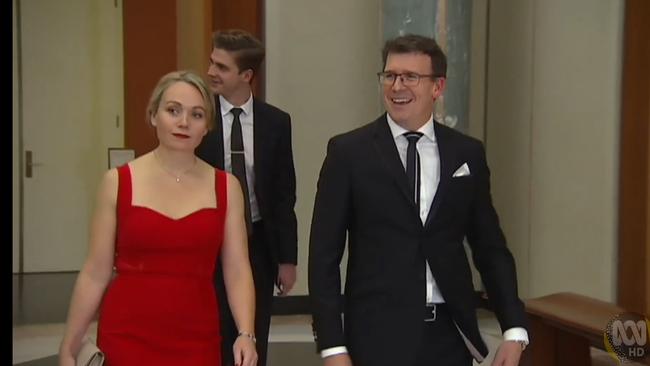 Federal MP Alan Tudge arrives at the 2017 Mid-Winter Ball in the company of Liberal staffer Rachelle Miller, who he was having an affair with.