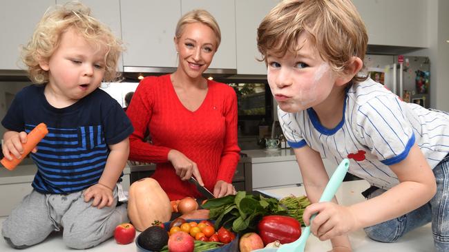 Hannah King in the kitchen with her sons Oliver, 2, and Angus, 5. Picture: Tony Gough