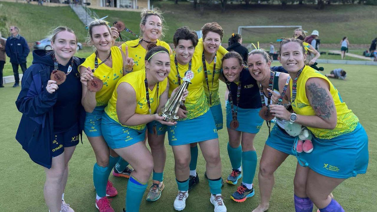 Chane Mellon (second from left) has helped to lift the Australian over-35s women's team to gold at the Masters Hockey World Cup in South Africa. Picture: Supplied