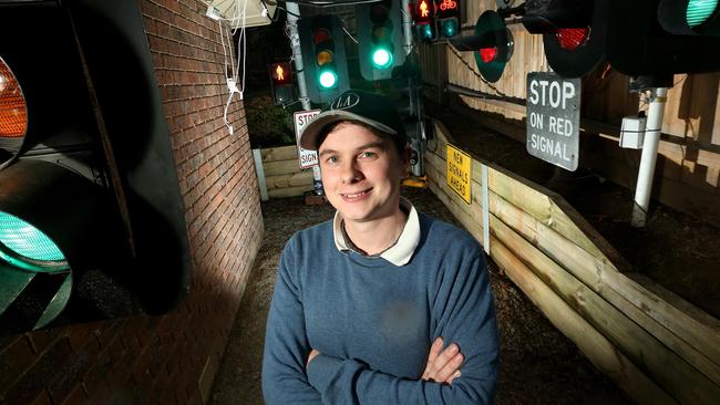 Ryan Purdie at home with traffic lights on Wednesday, April 24, 2019, in Heathmont, Victoria, Australia. Picture: Hamish Blair