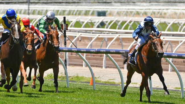 Jockey Joe Bowditch rides Jedastar to victory in the New Year Plate at Flemington Racecourse on Tuesday. Picture: AAP Image/Quentin Lang