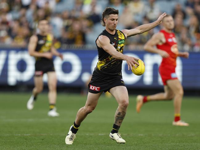 Liam Baker during what could be his last game as a Tiger. Picture: Darrian Traynor/Getty Images