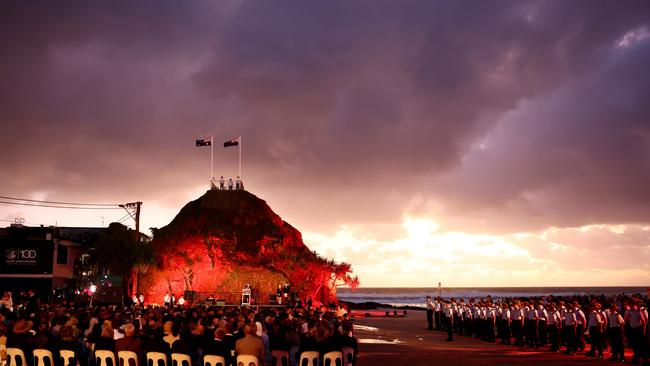 ANZAC Dawn Service on April 25 in Currumbin. Anzac Day is a national holiday in Australia, traditionally marked by a Dawn Service held during the time of the original Gallipoli landing and commemorated with ceremonies and parades throughout the day. Photo: Chris Hyde/Getty Images