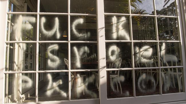 “F**k Israel” was scrawled across the widows of the restaurant in white writing. Picture: NewsWire / Jeremy Piper