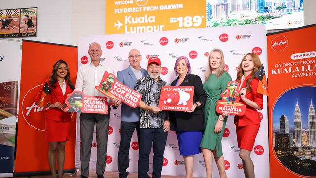 Andrew Hogg (Tourism Australia), Rob Porter (Airport Development Group), Dato Captain Fareh Mazputra (AirAsia), Robyn Cahill (NT Minister) and Sandra de Kock (Airport Development Group). AirAsia has launched a new direct route between Darwin and Kuala Lumpur. Picture: Supplied.