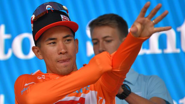 STIRLING, AUSTRALIA - JANUARY 22: Podium / Caleb Ewan of Australia and Team Lotto-Soudal Orange Leader Jersey / Celebration / during the 22nd Santos Tour Down Under 2020, Stage 2 a 135,5km stage from Woodside to Stirling 422m / TDU / @tourdownunder / #UCIWT / on January 22, 2020 in Stirling, Australia. (Photo by Tim de Waele/Getty Images)