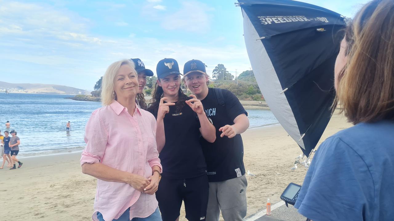 Journalist Liz Hayes is gently heckled at Sandy Bay during a photo-shoot for the Mercury. Picture: Amber Wilson