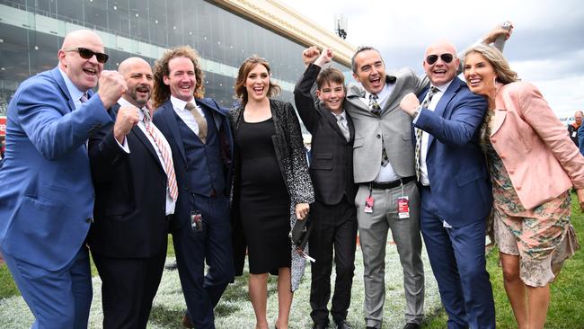 Connections of Thought Of That celebrate with Maher after their Caulfield Cup Day success. Pic: AAP