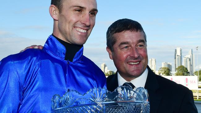 Darren Beadman (right) and Tye Angland after It’s Somewhat won the Hollindale Stakes at the Gold Coast. Picture: Grant Peters, Trackside Photography.