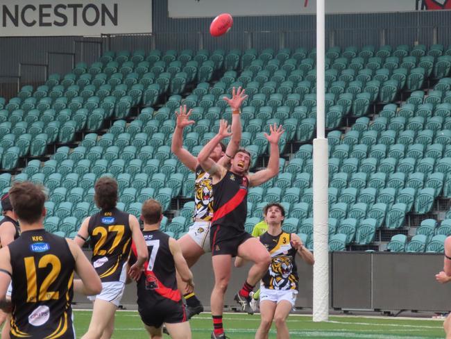 Kingborough and North Launceston players go up for a mark. Picture: Jon Tuxworth