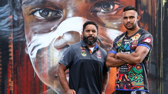 Parramatta Eels and Indigenous All Stars player Bevan French with fellow Tingha rugby league prodigy Preston Campbell in Newcastle. Pictures: Grant Trouville NRL Photographs