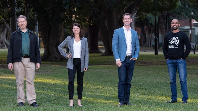 Reid candidates Charles Jago (Greens), Fiona Martin (Liberal), Sam Crosby (Labor) and Rohan Laxmanalal (Animal Justice Party). Picture: Monique Harmer