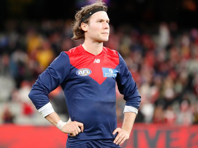 Ed Langdon looks dejected after the Swans swamped Melbourne. Picture: AFL Photos/Getty Images