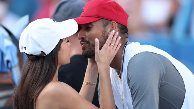 Nick Kyrgios celebrates with his girlfriend Costeen Hatzi in Washington. Picture: Patrick Smith/Getty Images/AFP