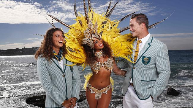 Australian athletes Jessica Fox and Ed Jenkins pose with Brazilian dancer Sashya Jay. Picture. Phil Hillyard.