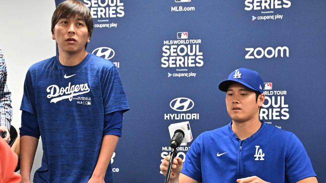 Shohei Ohtani, right, and his interpreter Ippei Mizuhara (left) at Gocheok Sky Dome in Seoul ahead of the 2024 MLB Seoul Series game between the Los Angeles Dodgers and San Diego Padres. Picture: Jung Yeon-je/AFP