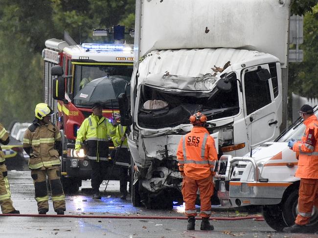 Police and fire crews at the scene of a fatal accident involving a stolen truck on Ballarat Rd Footscray. Picture: Andrew Henshaw