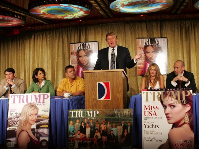 Donald Trump (C) and former cast members of the hit NBC show The Apprentice attend "The Apprentice Legend Cruise" Press Conference on board Carnival's Legend Cruise Ship on September 26, 2005 in New York City. Picture: Getty