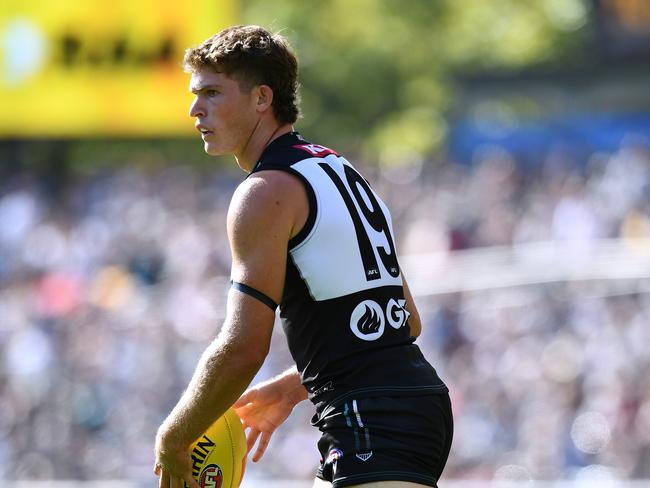 ADELAIDE, AUSTRALIA - MARCH 18: Mitch Georgiades of Port Adelaide during the round one AFL match between Port Adelaide Power and Brisbane Lions at Adelaide Oval, on March 18, 2023, in Adelaide, Australia. (Photo by Mark Brake/Getty Images)