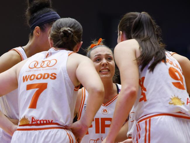 PERTH, AUSTRALIA - FEBRUARY 22: Abbey Ellis of the Fire talks to the team during a break in play during game one of the WNBL Semi Final series between Perth Lynx and Townsville Fire at Bendat Basketball Stadium, on February 22, 2025, in Perth, Australia. (Photo by James Worsfold/Getty Images)