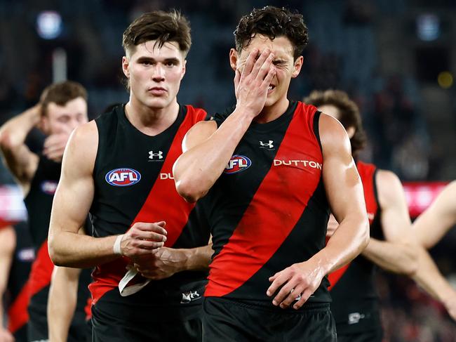 MELBOURNE, AUSTRALIA - JULY 27: Jye Caldwell of the Bombers looks dejected after a loss during the 2024 AFL Round 20 match between the St Kilda Saints and the Essendon Bombers at Marvel Stadium on July 27, 2024 in Melbourne, Australia. (Photo by Michael Willson/AFL Photos via Getty Images)