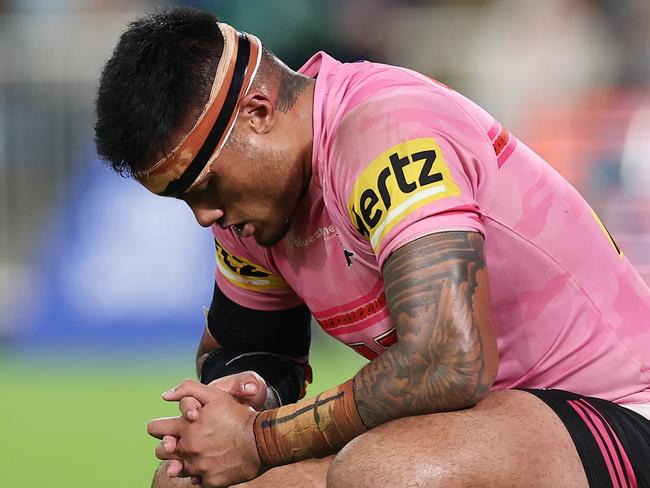 SYDNEY, AUSTRALIA - APRIL 20:  Spencer Leniu of the Panthers reacts during the round eight NRL match between South Sydney Rabbitohs and Penrith Panthers at Accor Stadium on April 20, 2023 in Sydney, Australia. (Photo by Cameron Spencer/Getty Images)