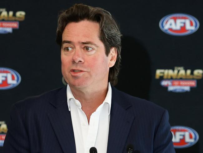 MELBOURNE, AUSTRALIA - SEPTEMBER 04: Gillon McLachlan, Chief Executive Officer of the AFL speaks during the official launch of the 2023 Toyota AFL Finals Series at the Toyota Corporate Headquarters on September 04, 2023 in Melbourne, Australia. (Photo by Dylan Burns/AFL Photos via Getty Images)