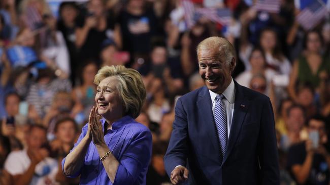 Democratic presidential nominee Hillary Clinton arrives at a campaign rally with Vice President Joe Biden in Scranton, Pennsylvania, in 2016. Picture: AFP