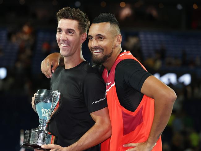 Thanasi Kokkinakis and Nick Kyrgios with the doubles trophy. Picture: Michael Klein