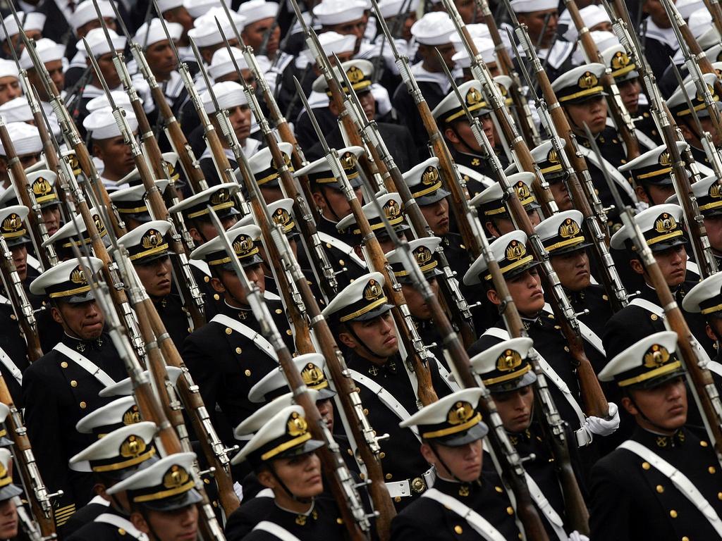 Bolivian navy soldiers take part in a parade during celebrations for the anniversary of the War of the Pacific. Picture: Dado Galdieri/AP