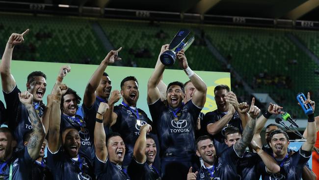 PERTH, AUSTRALIA – FEBRUARY 15: Jason Taumalolo of the Cowboys and his team celebrate winning the Perth Nines Trophy from Day 2 of the 2020 NRL Nines at HBF Stadium on February 15, 2020 in Perth, Australia. (Photo by James Worsfold/Getty Images)