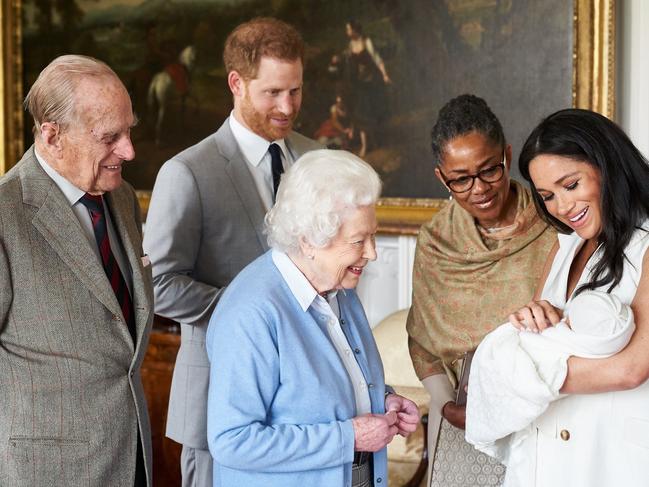 Harry and Meghan with Archie and the Queen, Prince Philip and Meghan’s mum Doria Ragland. Picture: AFP PHOTO / Chris Allerton 