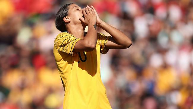 Matildas star Sam Kerr reacts after missed chance against Chile.