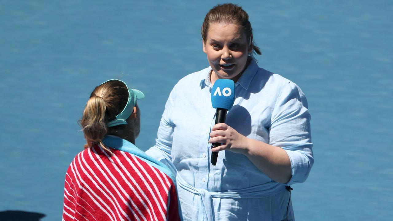 Dokic talks to Poland's Magda Linette in her commentary role at the 2023 Australian Open. Picture: Martin Keep / AFP