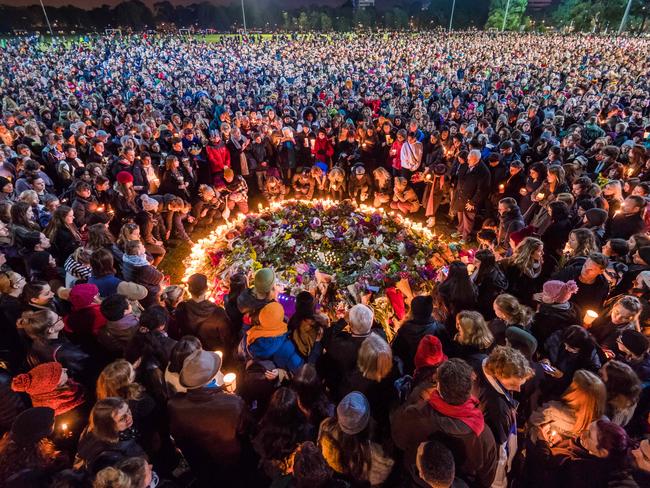 Thousands of people attended the Reclaim Princes Park vigil tonight. Picture: Jason Edwards