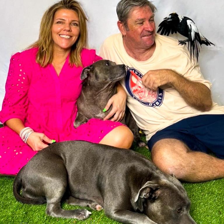 Juliette Wells and Reece Mortensen with magpie Molly and dogs Peggy and Ruby. Picture: Facebook / Peggy and Molly.