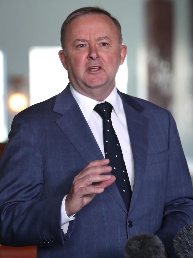 Opposition Leader Anthony Albanese speaking at a doorstop at Parliament House in Canberra on Monday. Picture: Kym Smith