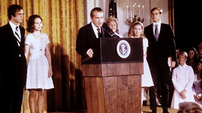 Richard Nixon speaks at the White House following his resignation from the presidency after the Watergate scandal. Picture: AFP.