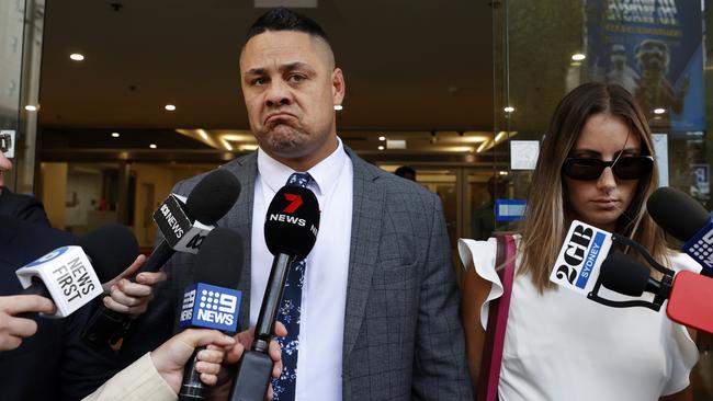 Jarryd Hayne and his wife, Amellia Bonnici, leave the District Court in Sydney on Tuesday after a jury found the ex-NRL star guilty of sexual assault. Picture: Jonathan Ng