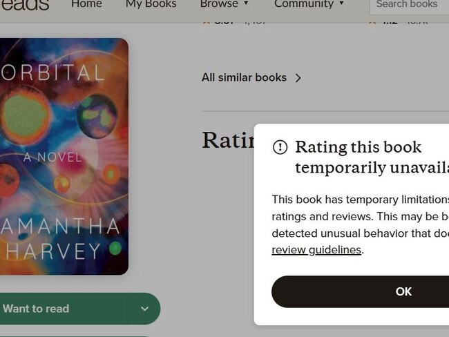 The notice on Goodreads preventing readers from posting reviews of the 2024 Booker Prize winner, Orbital.