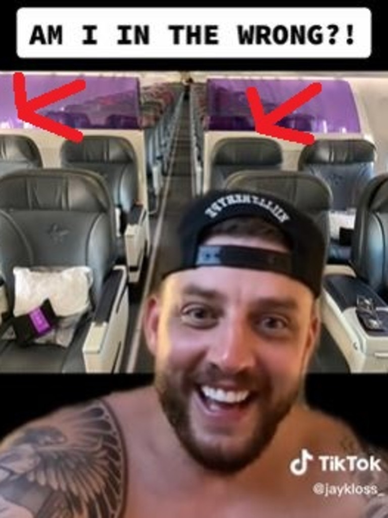 Jay’s partner was sitting on the far right window seat, while Jay was sitting on the aisle seat on the opposite side. Picture: TikTok/jaykloss_