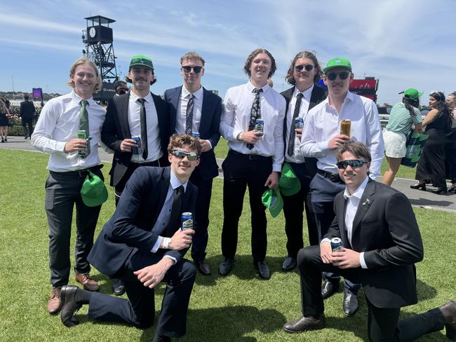 Riley Evans, Nick Beekmans, Liam Kershaw, Zekiah Davey, Cameron Edwards, Jake Beekmans, Shane Edwards and Nikolas Stone at Flemington for Derby Day on November 2, 2024. Picture: Phillippa Butt