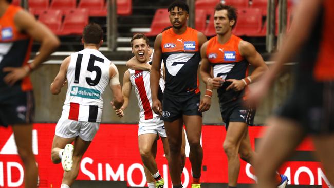 Jack Lonie kicked a miracle goal from the boundary in the final term to keep the Saints in the hunt. Picture: Ryan Pierse/Getty Images