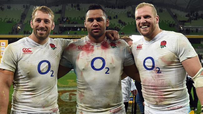 England's Billy Vunipola (C), James Haskell (R) and Chris Robshaw after the victory in Melbourne.