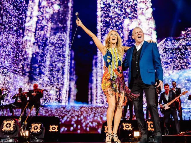 Celine Dion and John Farnham on stage at Melbourne’s Rod Laver Arena in 2018. Picture: Brian Purnell/Mushroom Creative House